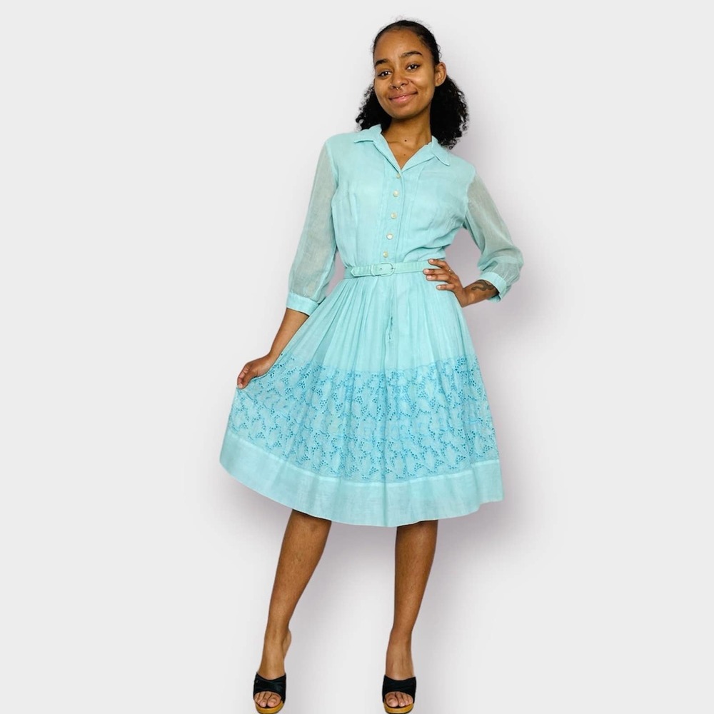 60s Tiffany Blue Eyelet Lace Dress